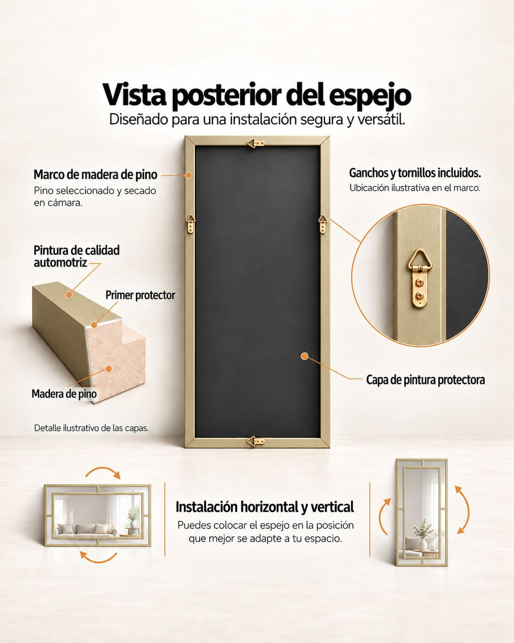 Vista posterior del espejo Glamour con detalles del marco de madera, capa protectora y ganchos de instalación.
