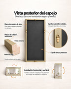 Vista posterior del espejo Glamour con detalles del marco de madera, capa protectora y ganchos de instalación.