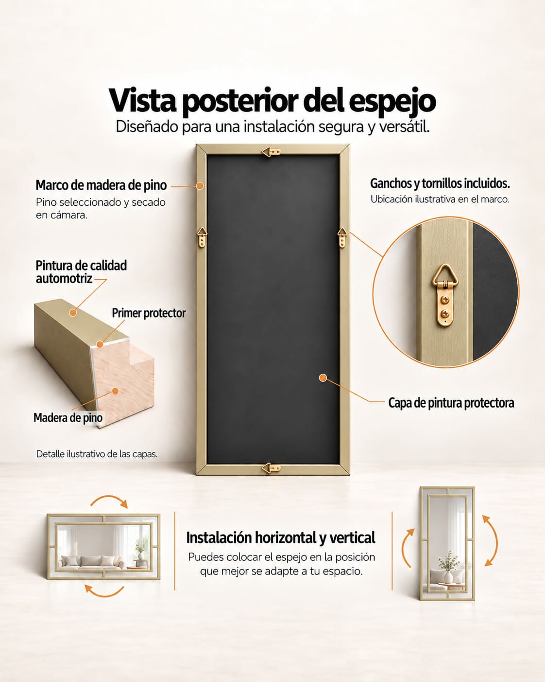 Vista posterior del espejo Glamour con detalles del marco de madera, capa protectora y ganchos de instalación.