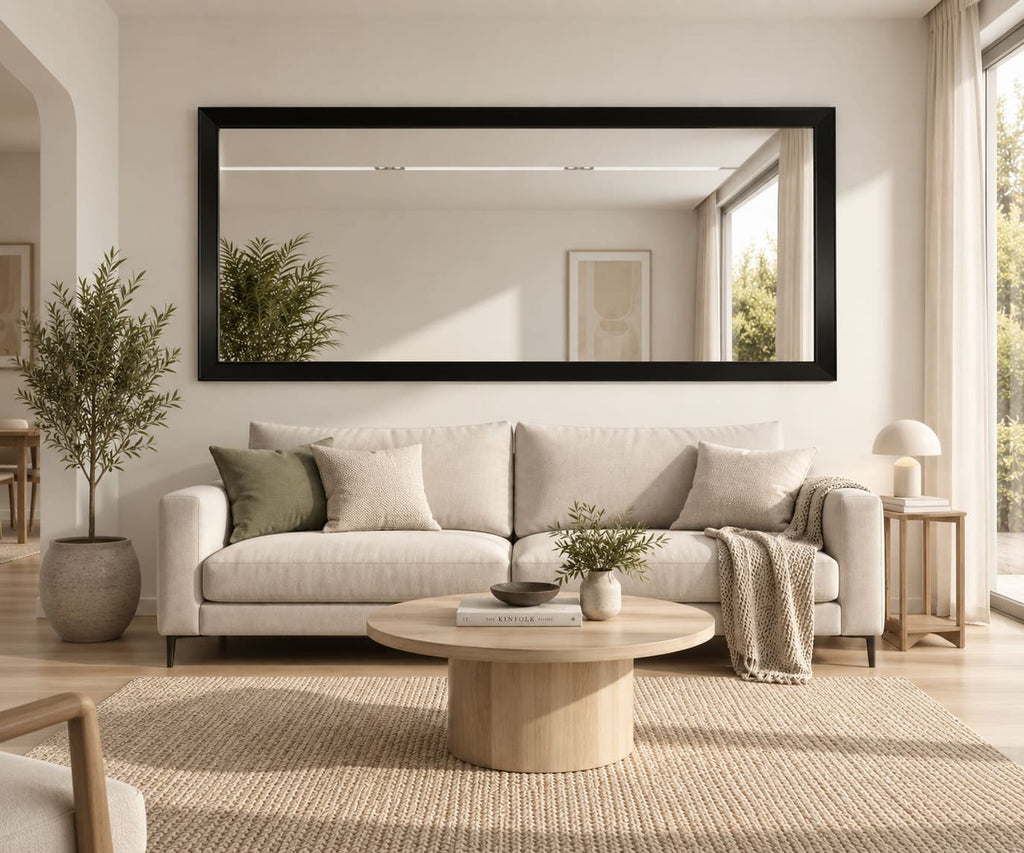 Espejo grande con marco negro instalado horizontalmente sobre un sofá beige en un living con mesa de centro de madera.