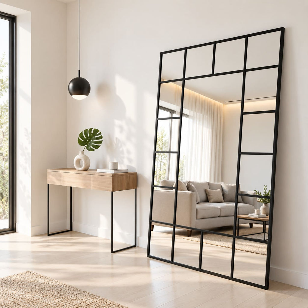 Espejo grande de cuerpo entero con marco negro tipo ventana instalado en living contemporáneo