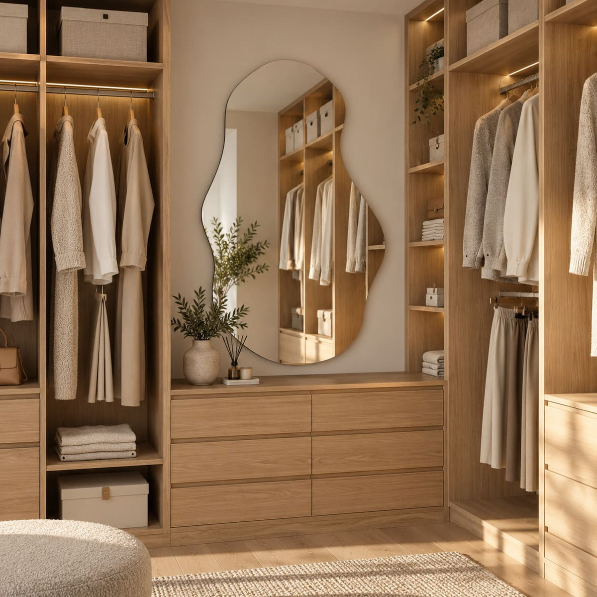 Espejo irregular sin marco instalado sobre una cómoda de madera entre módulos abiertos de un vestidor.
