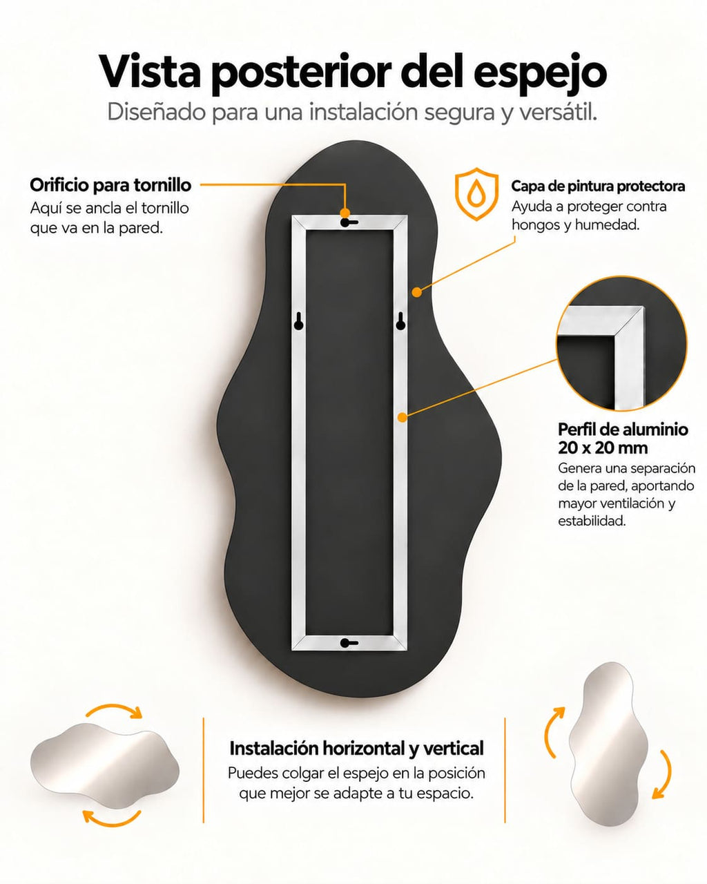 Vista posterior del espejo irregular Silueta con bastidor de aluminio, puntos de fijación y opciones de orientación.