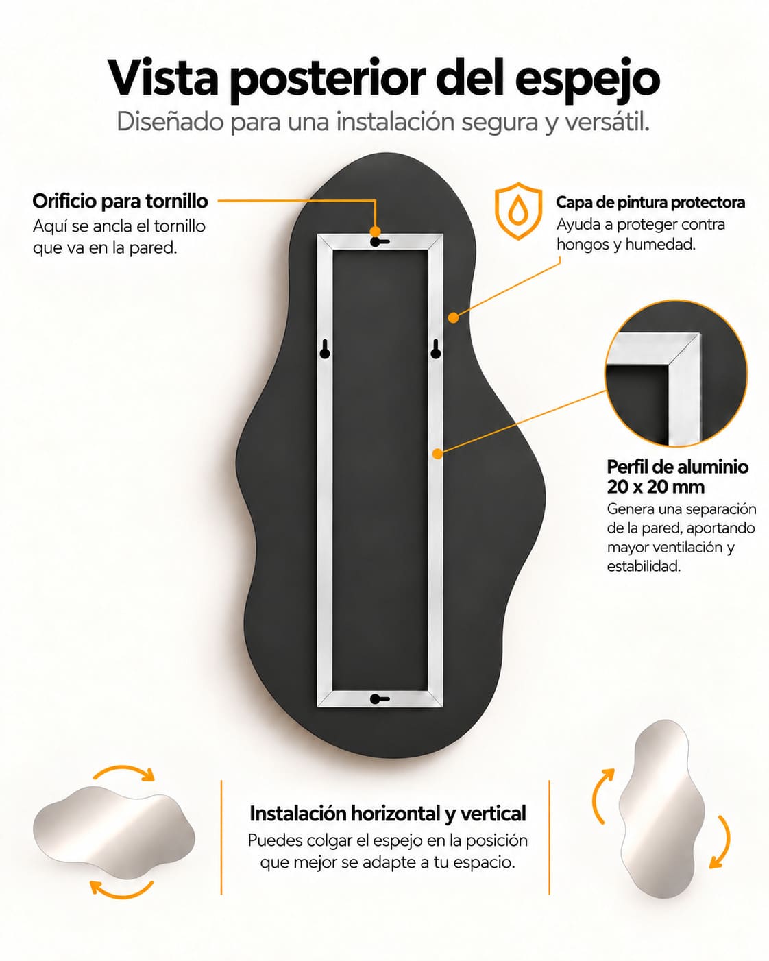 Vista posterior del espejo irregular Silueta con bastidor de aluminio, puntos de fijación y opciones de orientación.