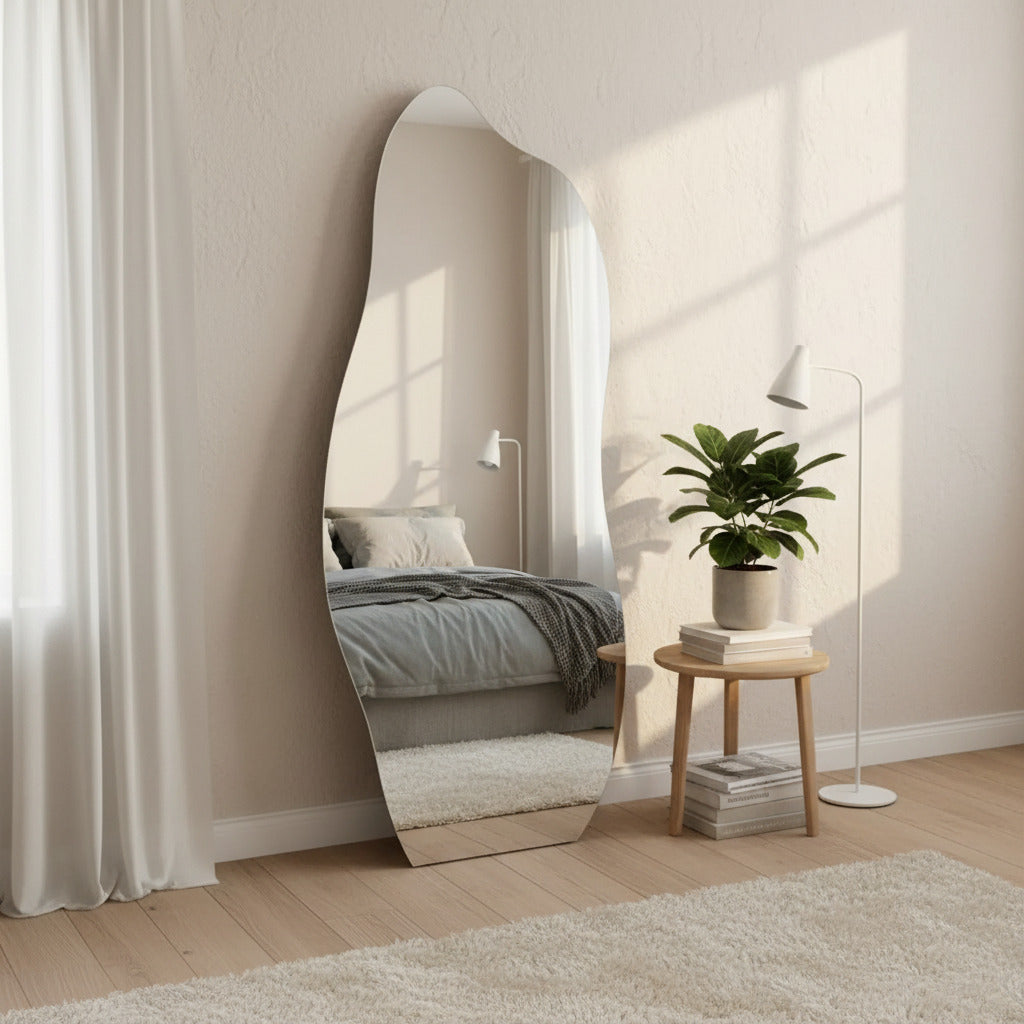 Espejo irregular de cuerpo entero junto a una planta sobre un taburete de madera, con una cama reflejada.