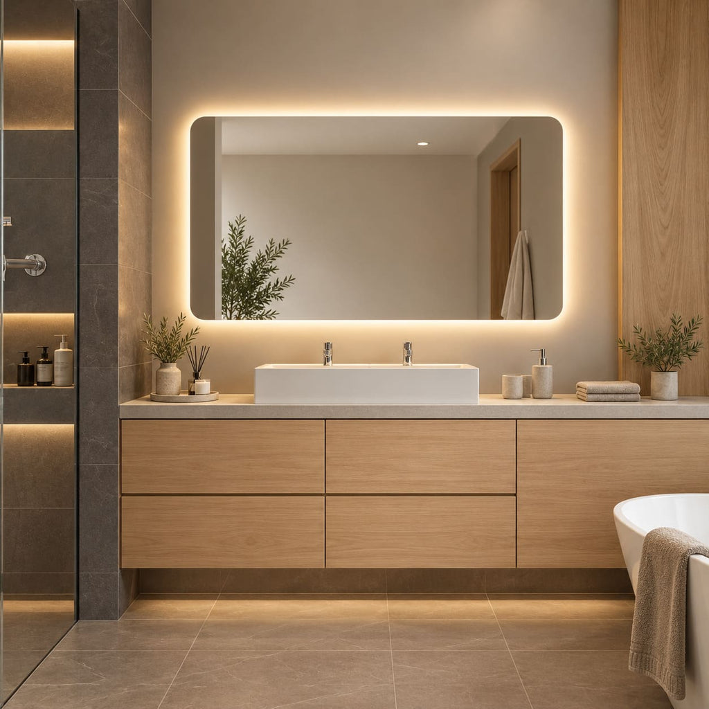 Espejo rectangular de esquinas redondeadas con luz LED cálida sobre un vanitorio de madera en un baño moderno.