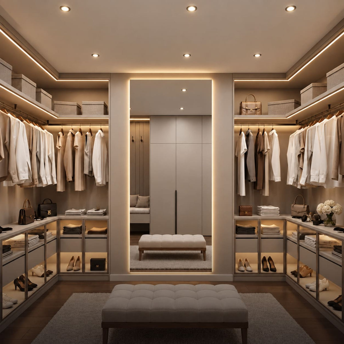 Espejo rectangular de cuerpo entero con iluminación LED cálida, instalado entre armarios abiertos en un vestidor moderno.