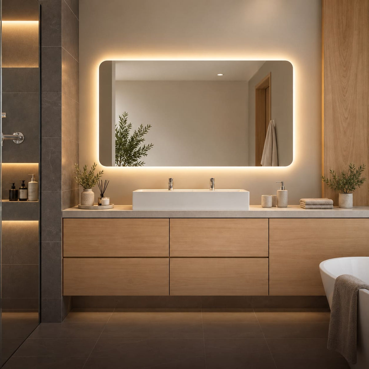 Espejo rectangular de esquinas redondeadas con luz LED cálida, instalado horizontalmente sobre un vanitorio de madera en un baño moderno.