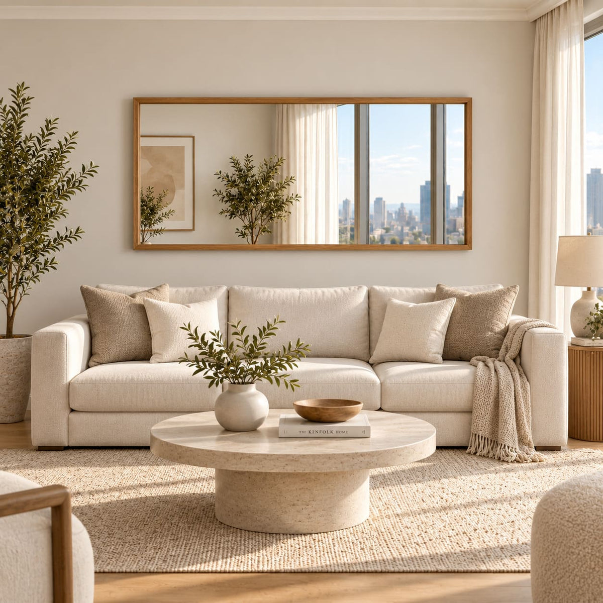 Espejo Maison con marco de madera, instalado horizontalmente sobre un sofá beige