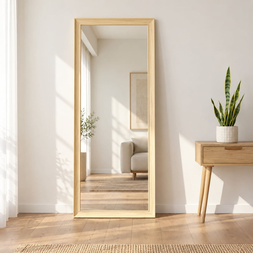 Espejo rectangular con marco de madera clara colocado verticalmente junto a un arrimo en un recibidor luminoso