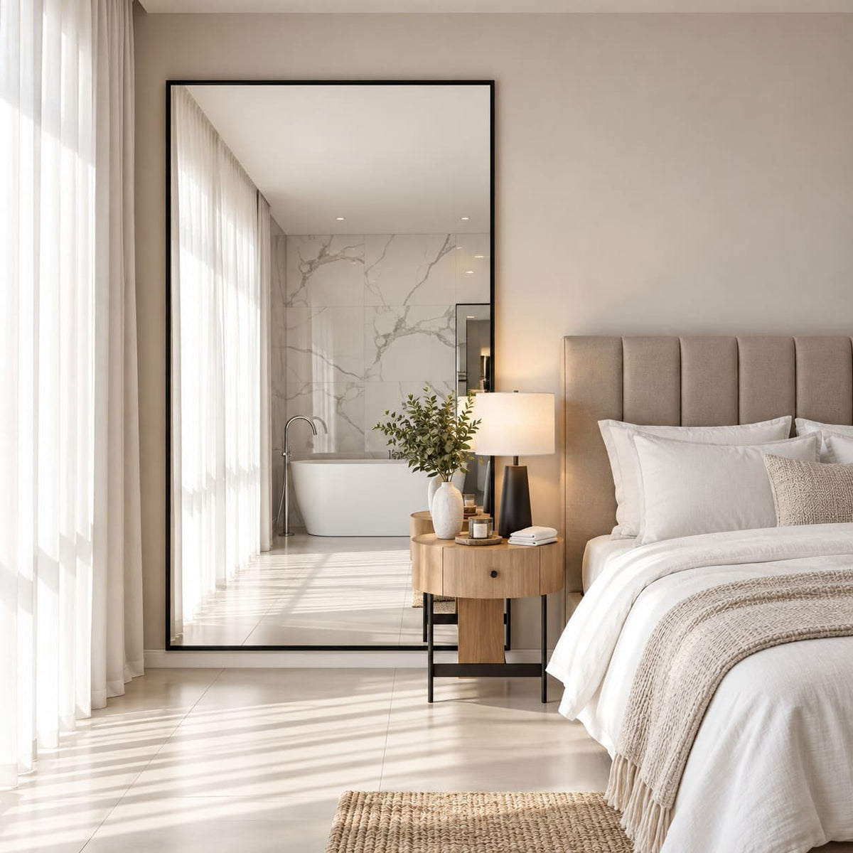 Espejo rectangular minimalista con marco negro instalado en dormitorio moderno y luminoso.
