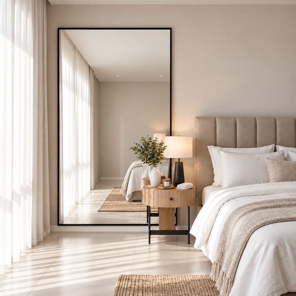 Espejo rectangular minimalista con marco negro instalado en dormitorio moderno y luminoso.