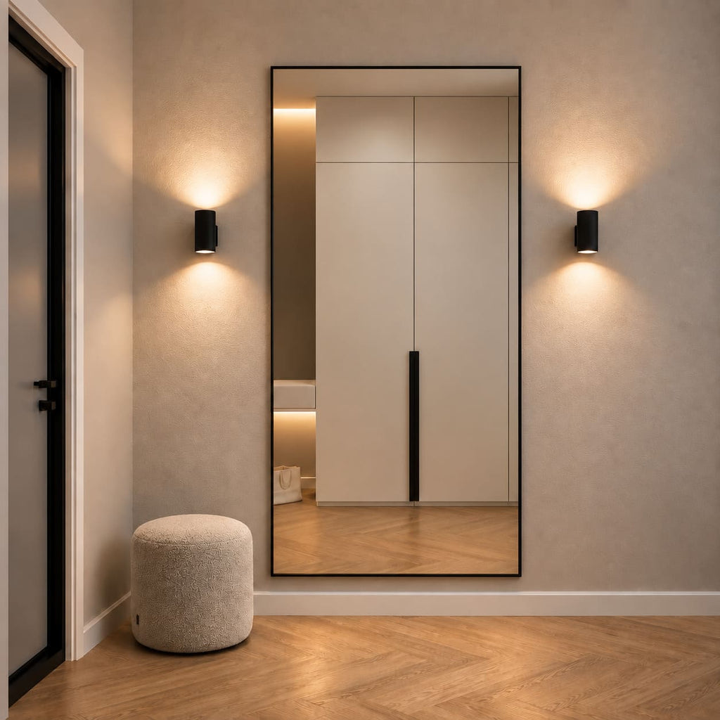 Espejo rectangular negro de cuerpo entero instalado en recibidor moderno con iluminación de muro.