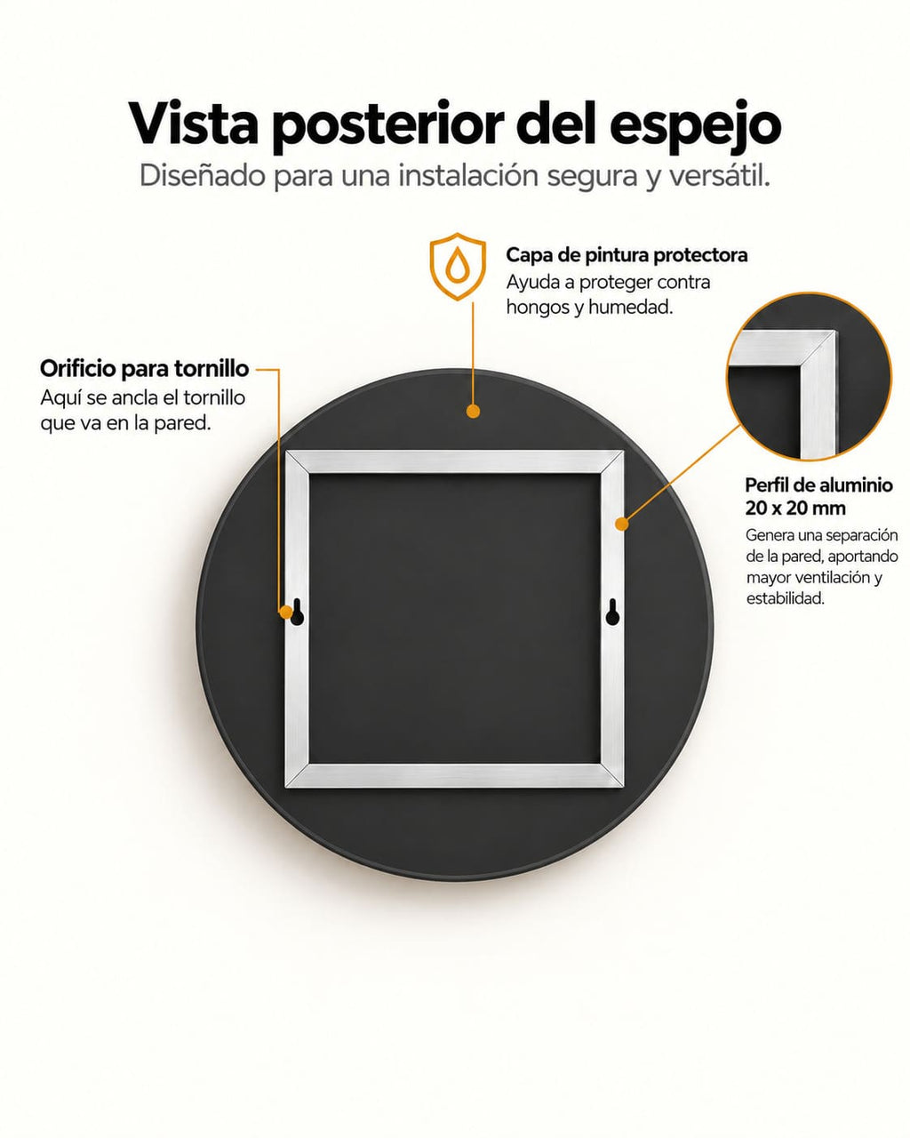 Vista posterior del espejo redondo con bastidor de aluminio, orificios de anclaje y detalles de la capa protectora