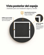 Vista posterior del espejo redondo con bastidor de aluminio, orificios de anclaje y detalles de la capa protectora