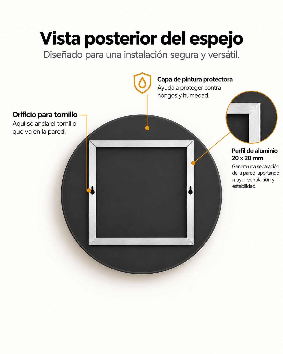 Vista posterior del espejo redondo con bastidor de aluminio, orificios de anclaje y detalles de la capa protectora