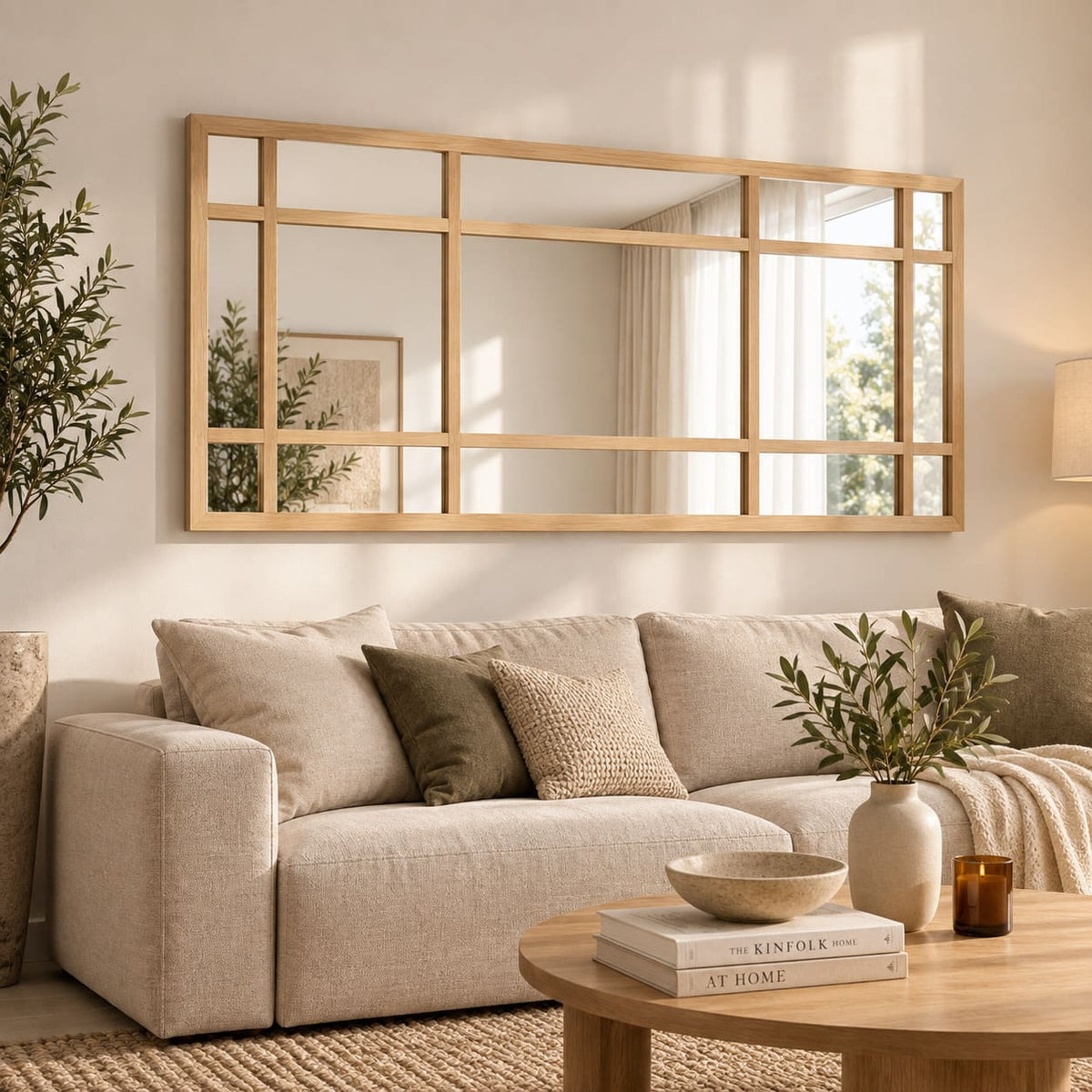 Espejo ventana de madera natural sobre sofá en living, espejo decorativo grande de estilo cálido y moderno.