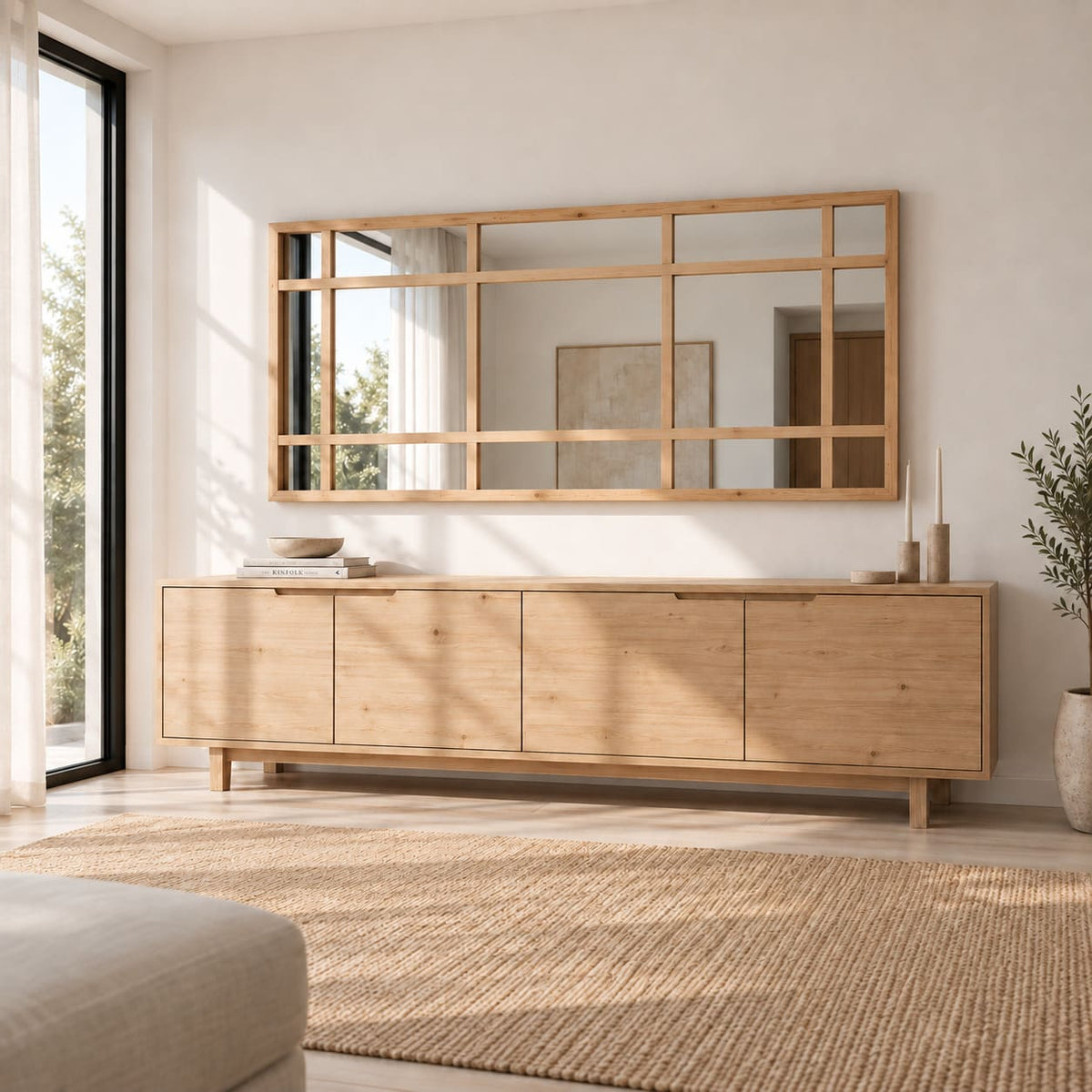 Espejo ventana de madera instalado horizontalmente sobre un mueble de madera en un ambiente luminoso