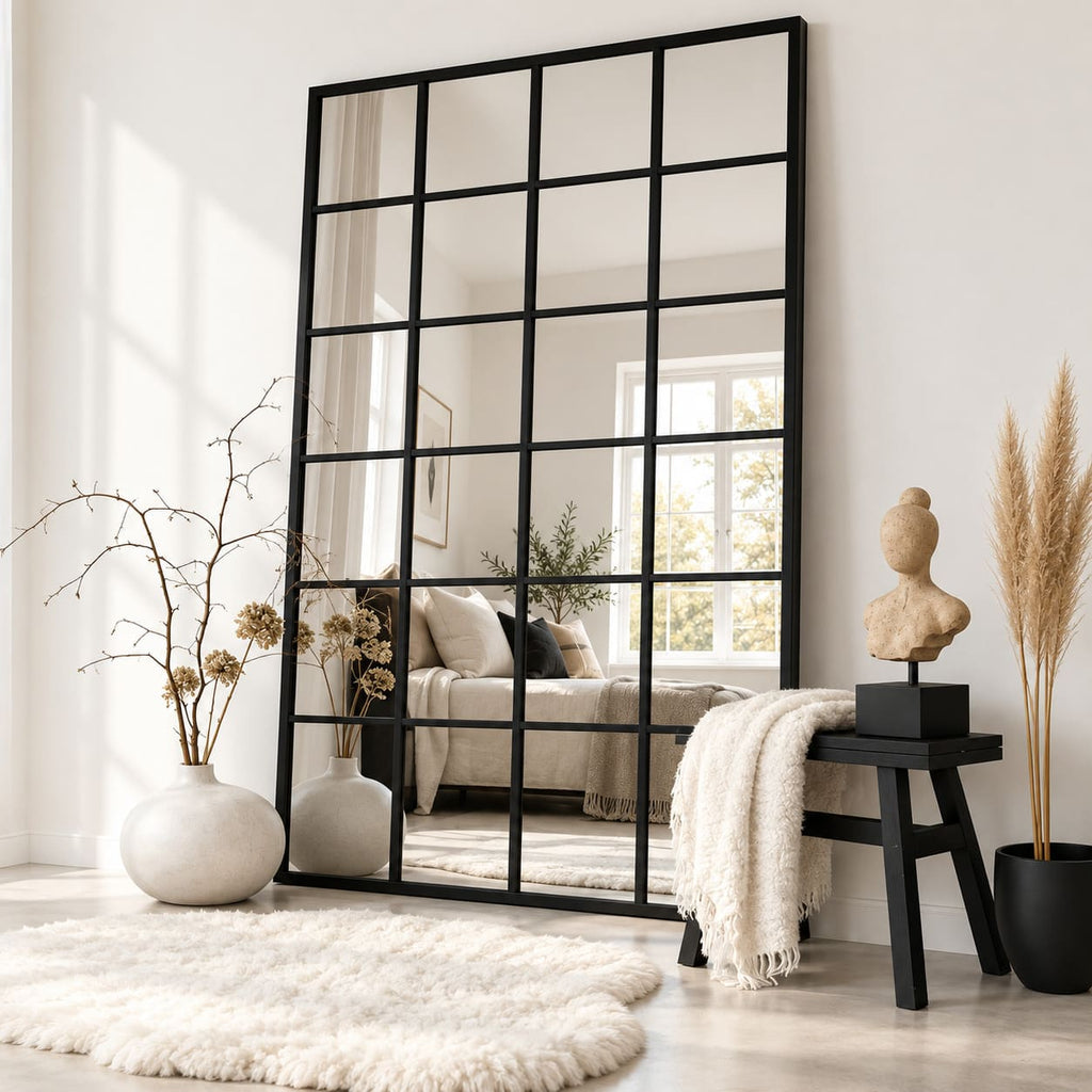 Espejo de cuerpo entero estilo ventana con marco negro, junto a una ventana y un banco en un ambiente luminoso.