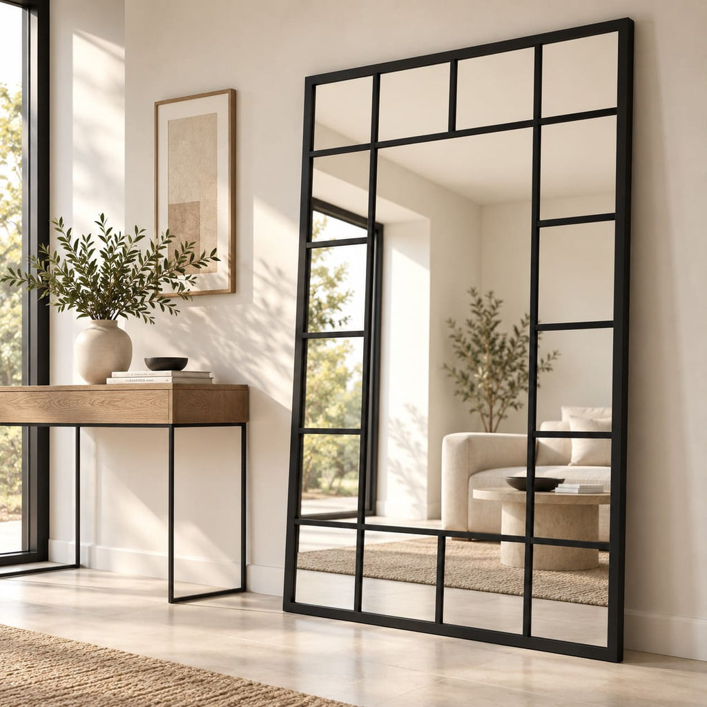 decorativo.jpgEspejo ventana negro grande con divisiones decorativas en ambiente moderno de tonos neutros.