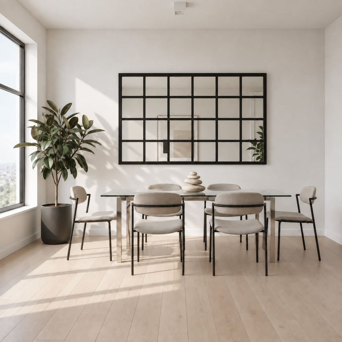 Espejo rectangular estilo ventana con cuadrícula negra, instalado horizontalmente en un comedor con mesa y sillas claras.