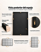 Vista posterior del espejo ventana con detalles del marco de madera, pintura protectora y ganchos para instalación horizontal o vertical.