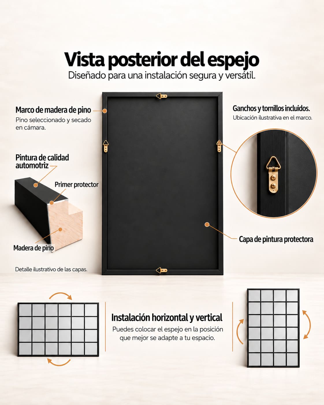 Vista posterior del espejo ventana con detalles del marco de madera, pintura protectora y ganchos para instalación horizontal o vertical.
