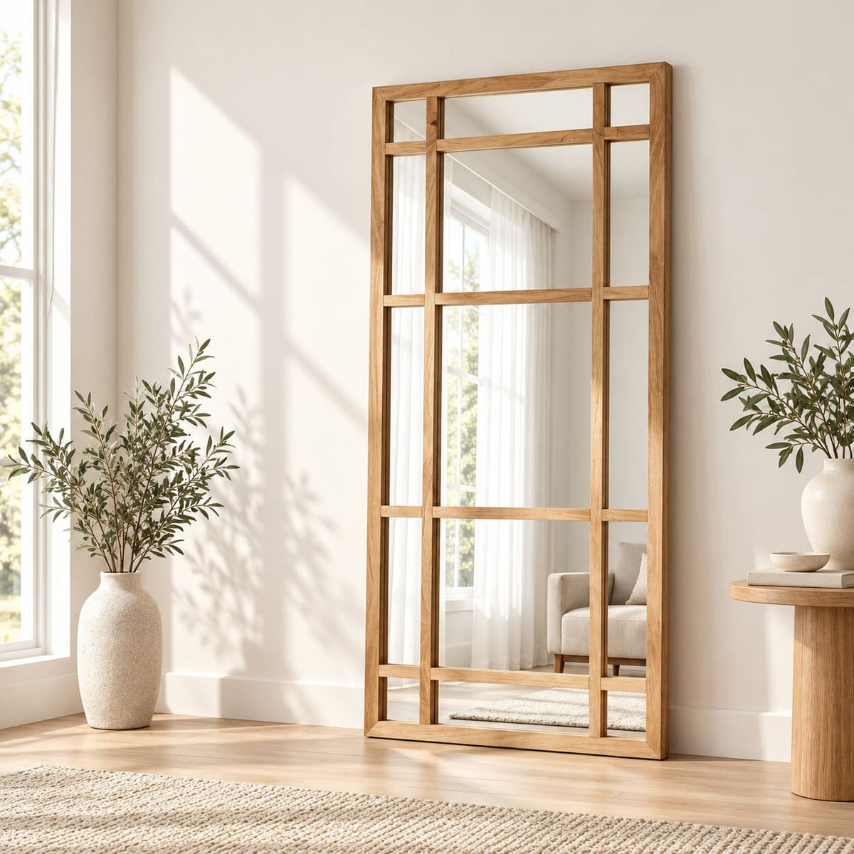 Espejo rectangular estilo ventana con marco de madera natural, apoyado contra una pared junto a un ventanal y un florero
