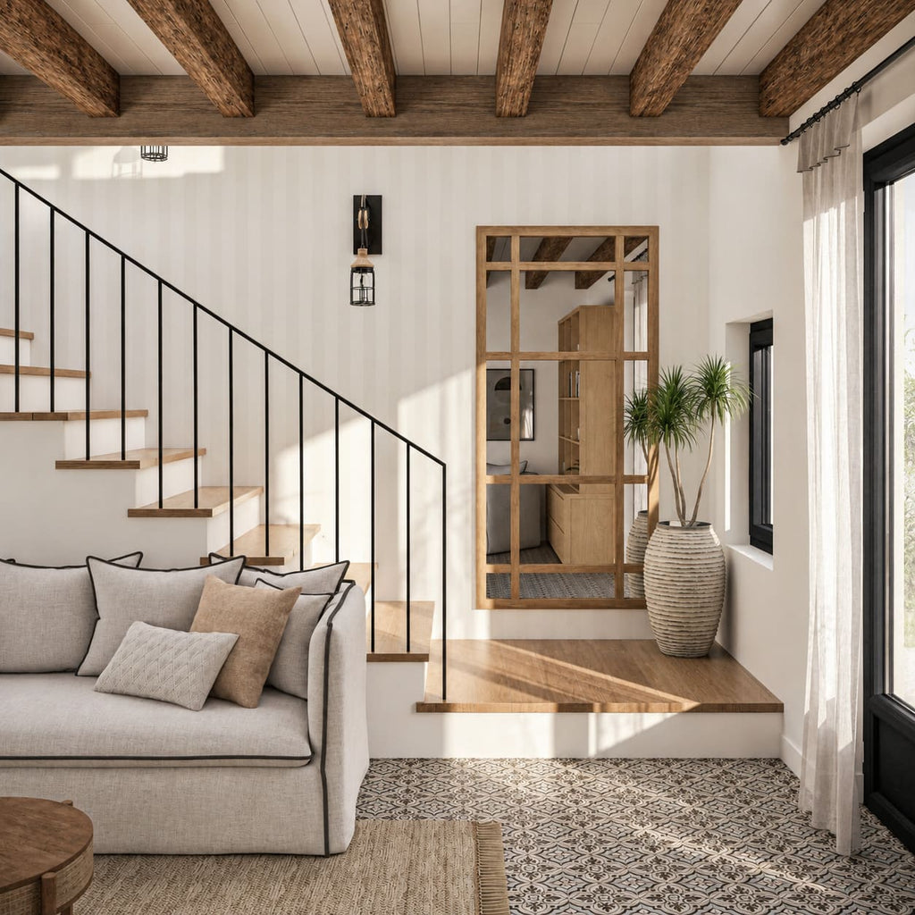 Espejo ventana de madera colocado verticalmente en un recibidor junto a una escalera, con vigas de madera en el techo