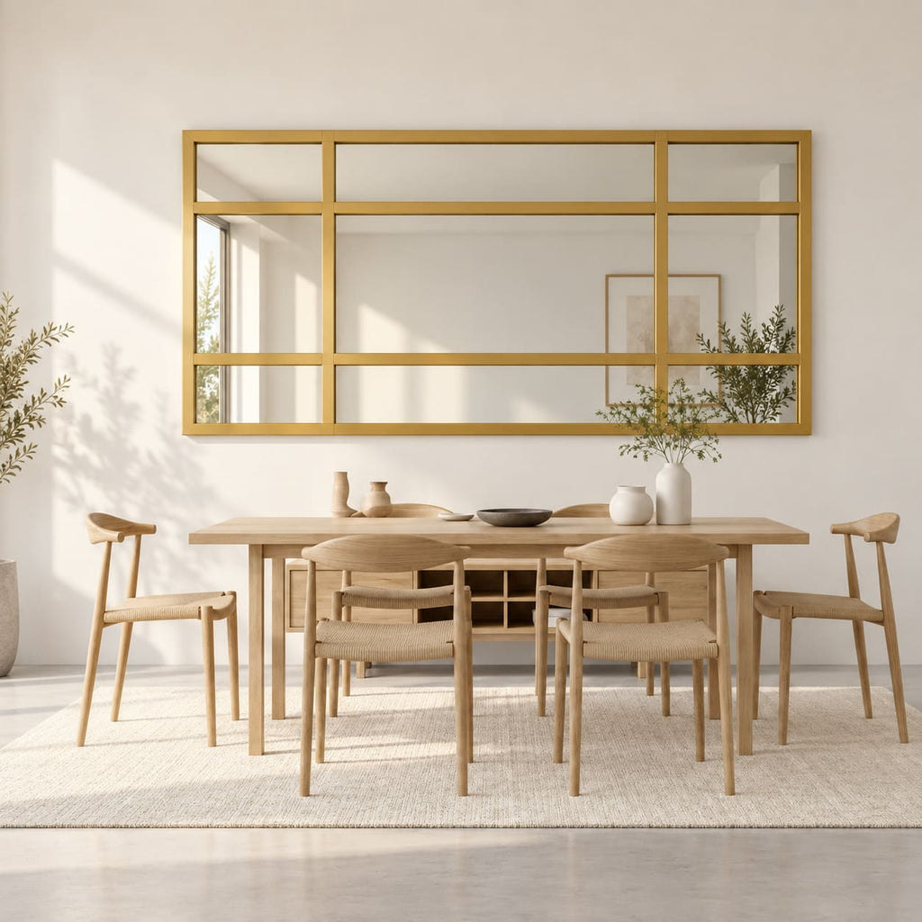 Espejo Ventana Vintage dorado instalado horizontalmente sobre una mesa de comedor.