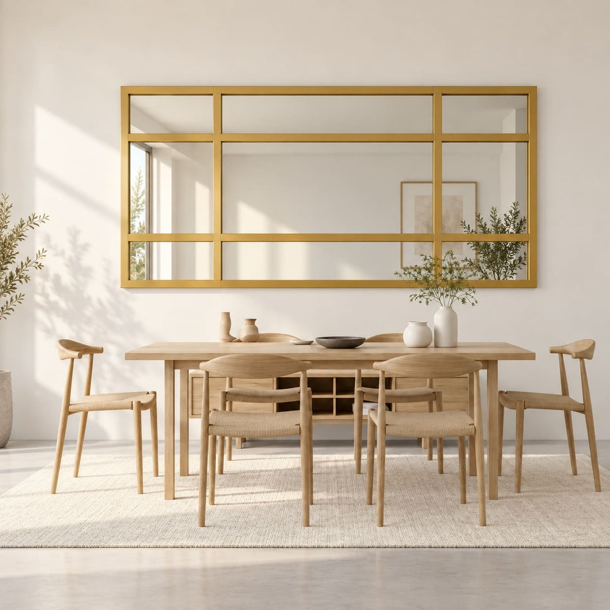 Espejo Ventana Vintage dorado instalado horizontalmente sobre una mesa de comedor.