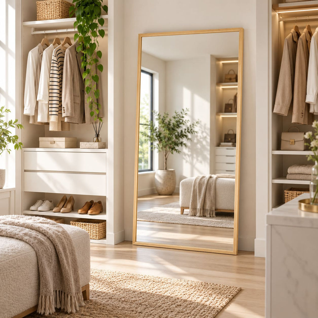 Espejo vertical de cuerpo entero con marco de pino natural entre módulos de ropa en un vestidor luminoso