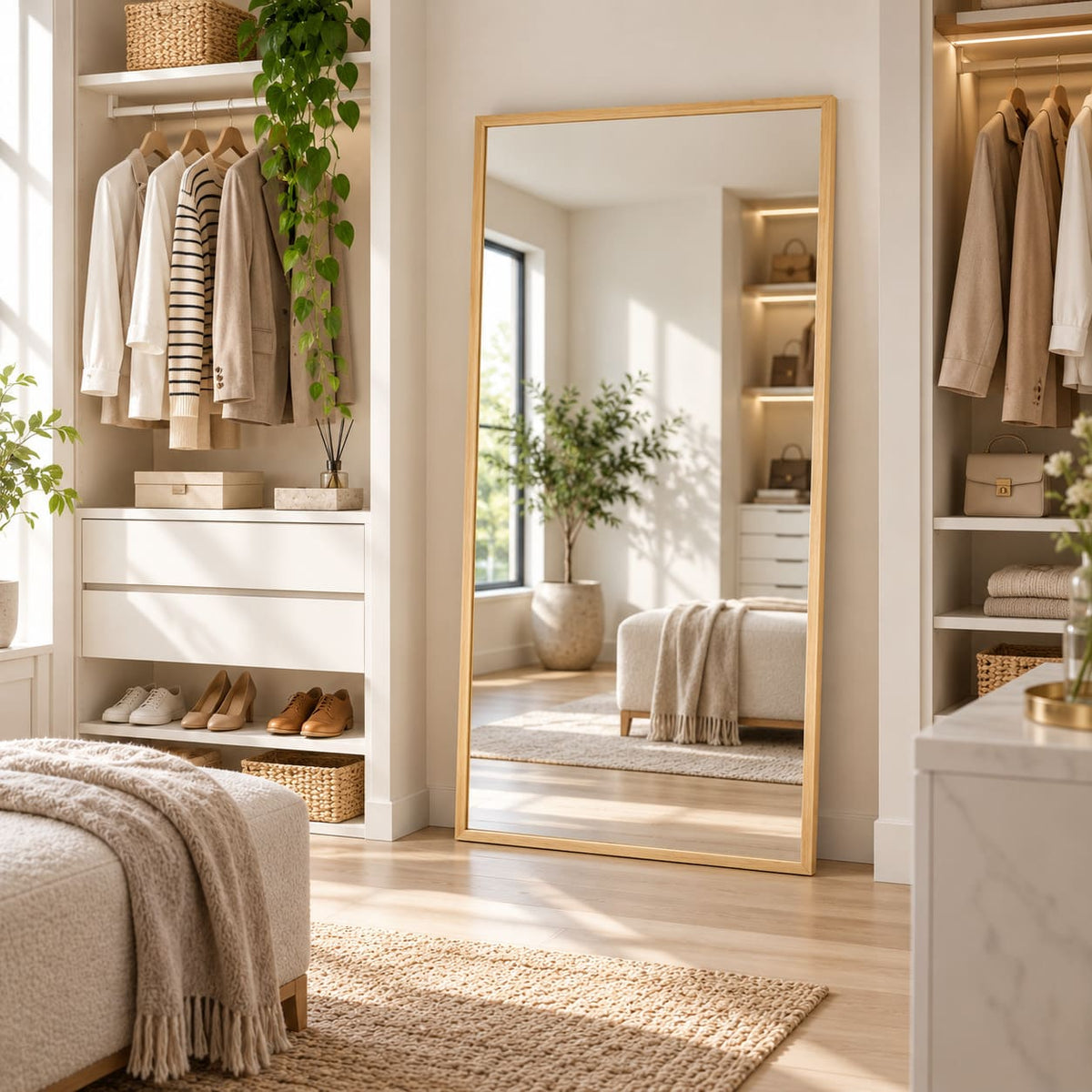 Espejo vertical de cuerpo entero con marco de pino natural entre módulos de ropa en un vestidor luminoso