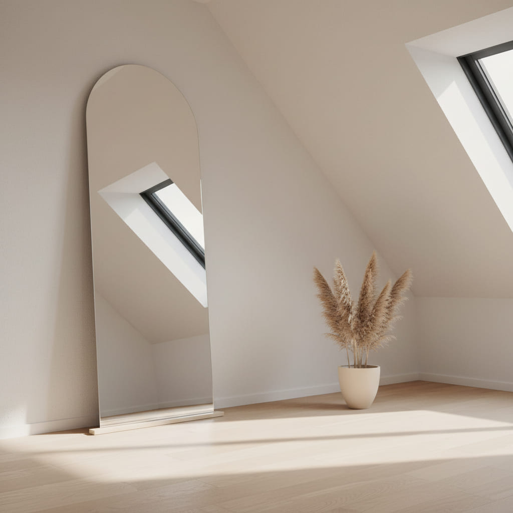 espejo con base de madera en forma de arco para ir de pie verticalmente