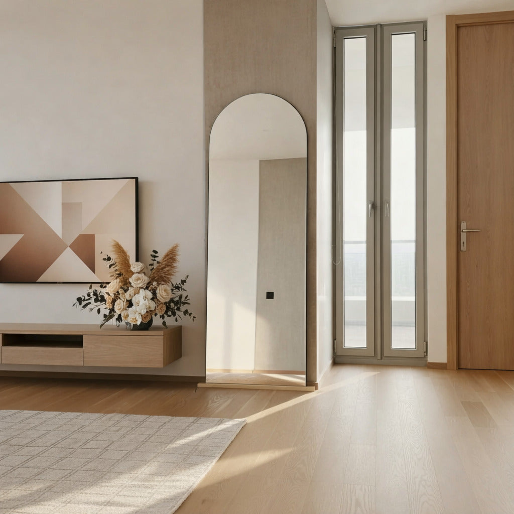 espejo en forma de arco con espejo belga de 4mm con base de madera para poner de pie