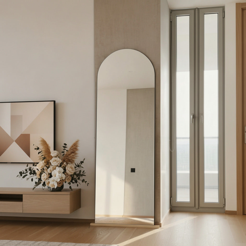 espejo en forma de arcop belga con base de madera para apoyar y colgar con base removible