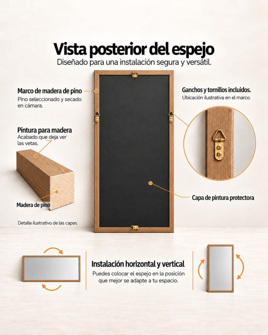 espejo con marco de madera llamado maison imagen de vista posterior para ver como se cuelga o instala