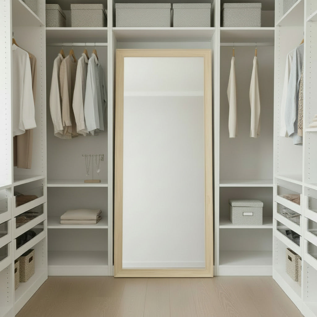 espejo con marco de madera natural en closet