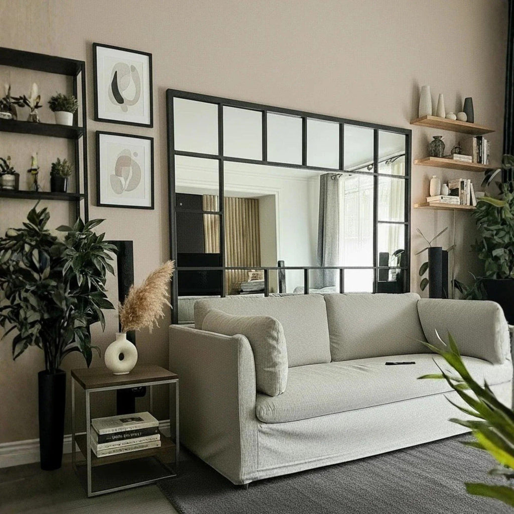 espejo estilo ventana de formahorizontal en un living max xxl