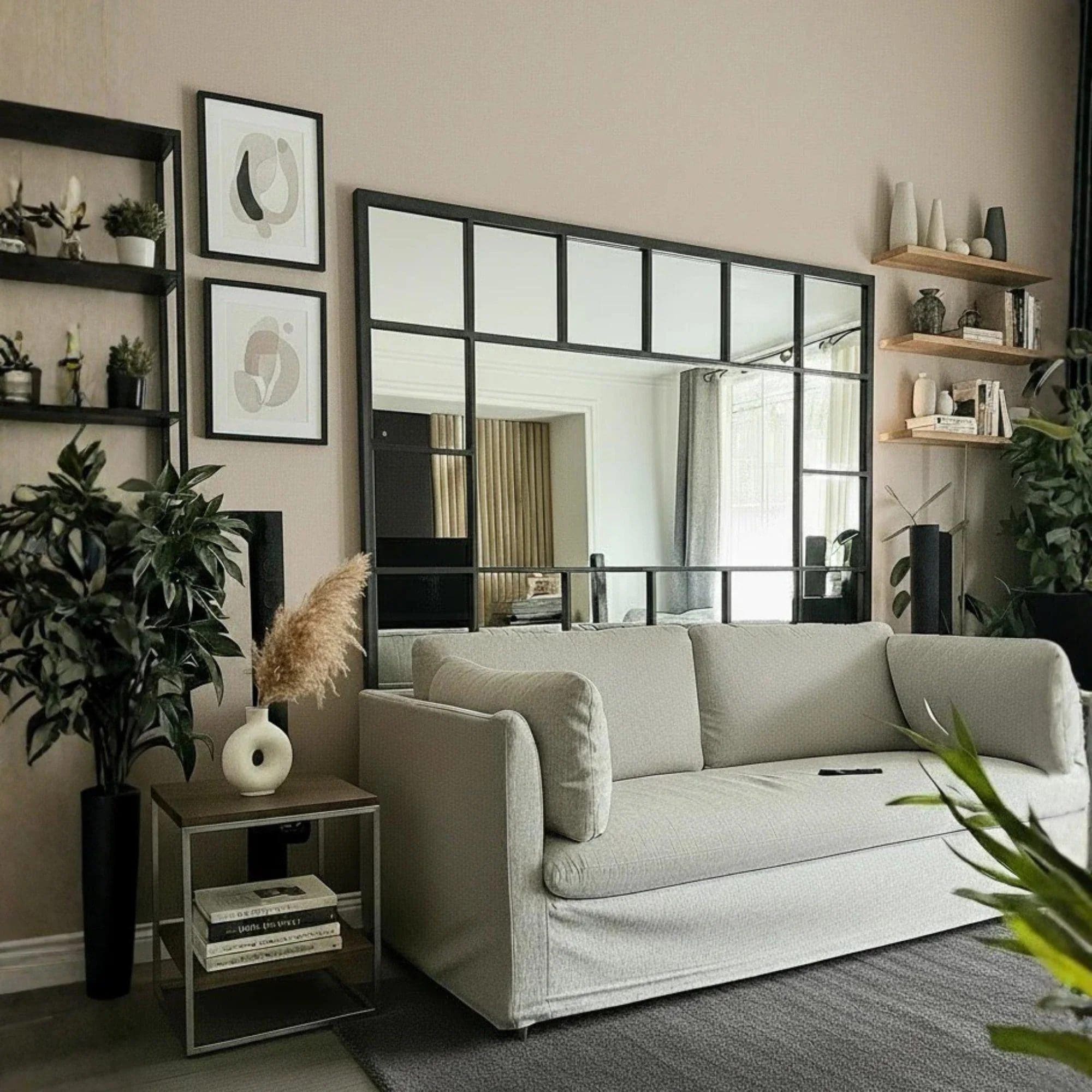 espejo estilo ventana de formahorizontal en un living max xxl