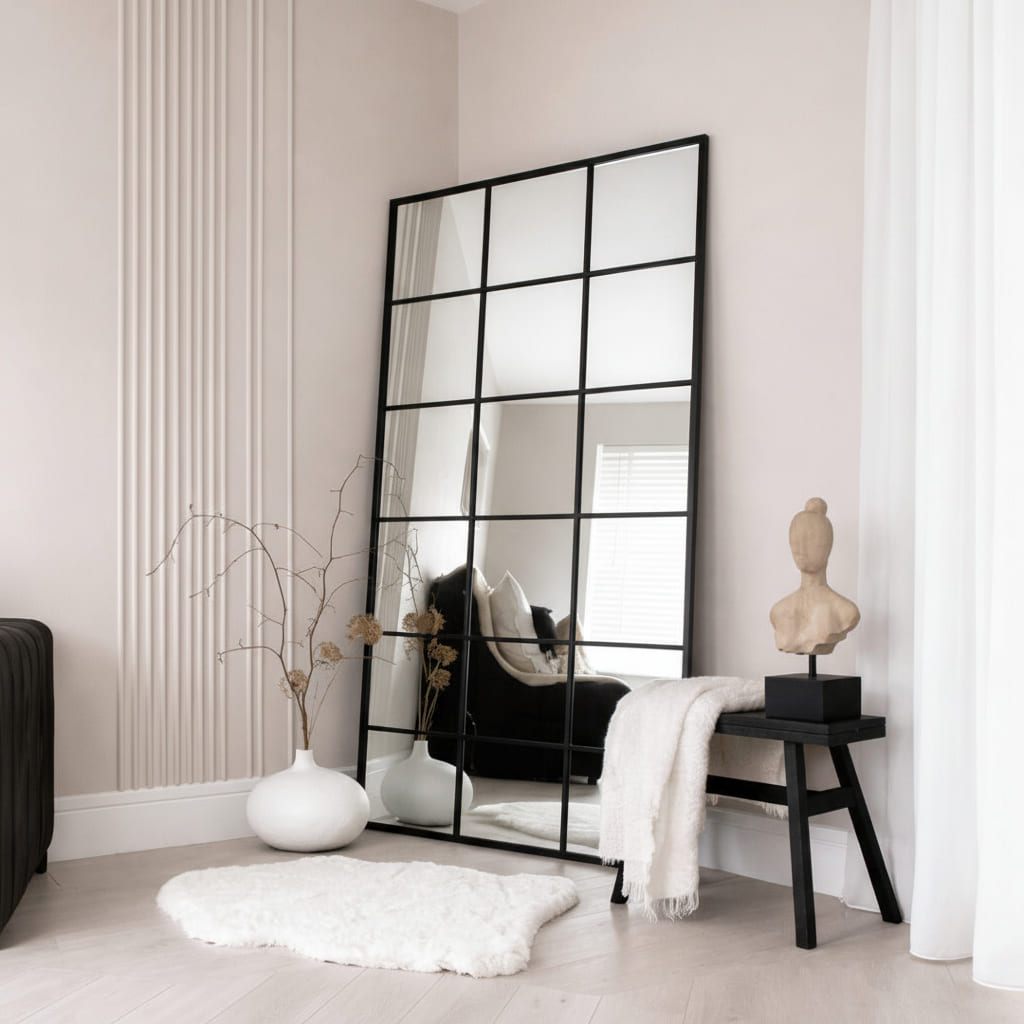 espejo con marco de madera natural pintado de negro con cuadros en medio y espejo belga europeo fuera de plomo