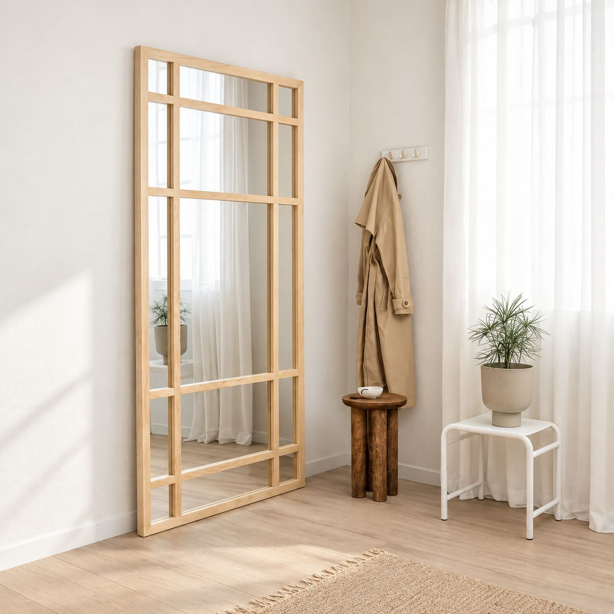 espejo estilo ventana con marco de madera sin pintura color natural como el pino para livin o sala de estar