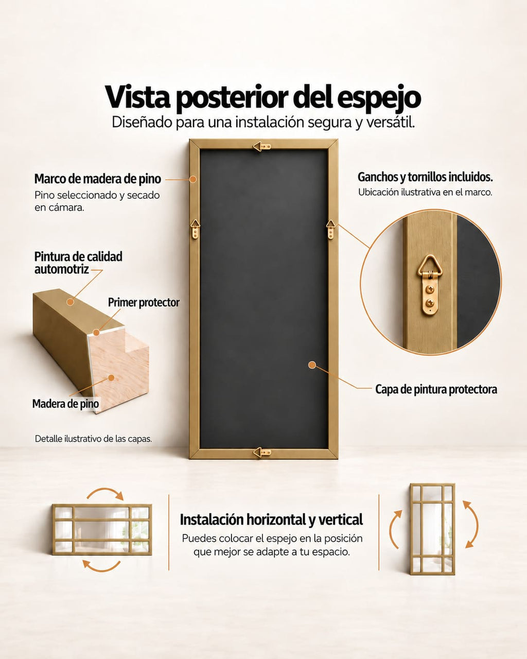 espejo vcon marco de de madera con diseño estilo ventana esta imagen es la viste posterio de el espejo