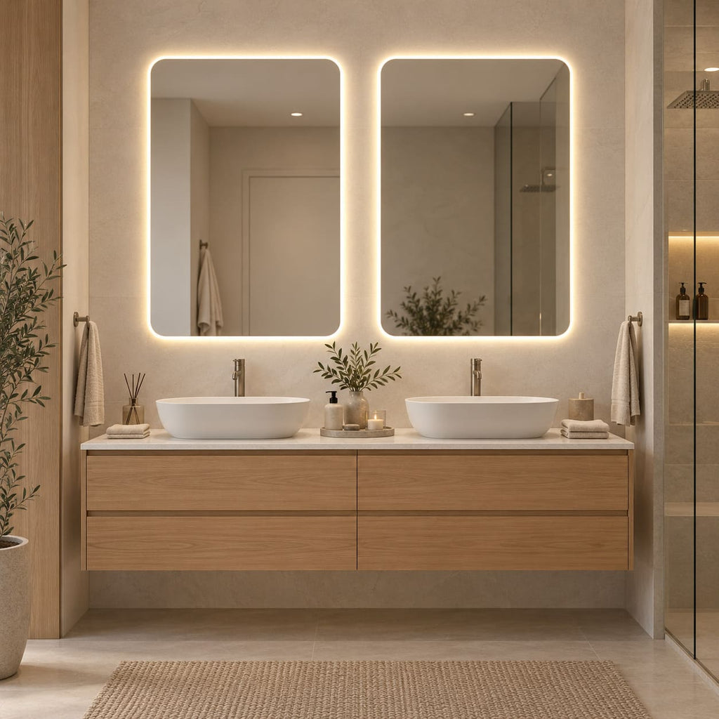 Dos espejos rectangulares verticales con luz LED cálida, instalados sobre un vanitorio de madera con doble lavamanos.