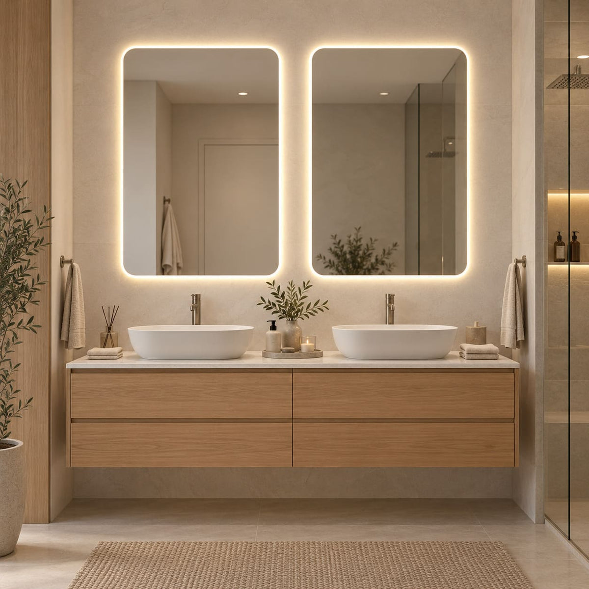 Dos espejos rectangulares verticales con luz LED cálida, instalados sobre un vanitorio de madera con doble lavamanos.