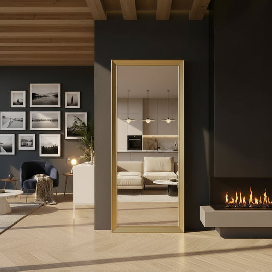 "Espejo de Alta Calidad con Marco en dorado: Estilo Impecable y Luminosidad para tu Espacio"