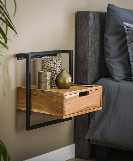 "Imagen de un elegante velador de madera y fierro con estilo flotante"